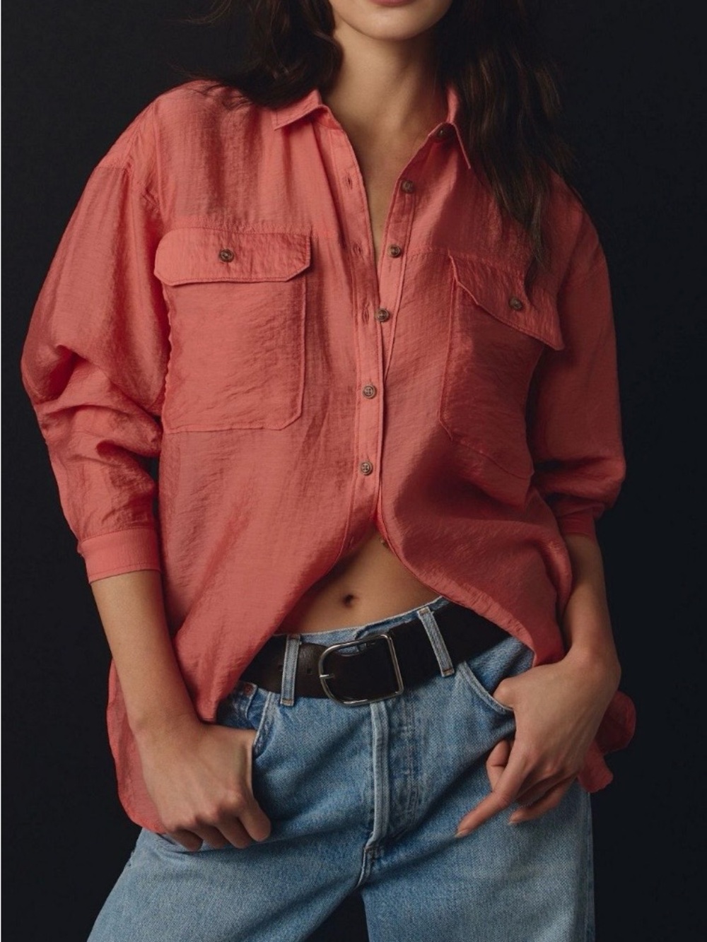 Anthropologie Coral Button-Up Pocket Blouse